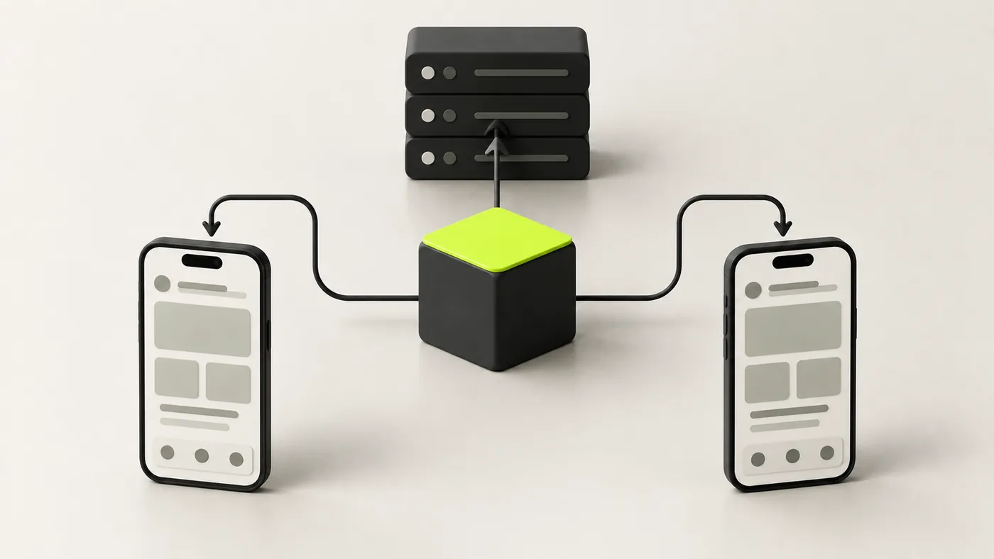 Diagram showing one codebase branching into an iOS and an Android app over a shared backend