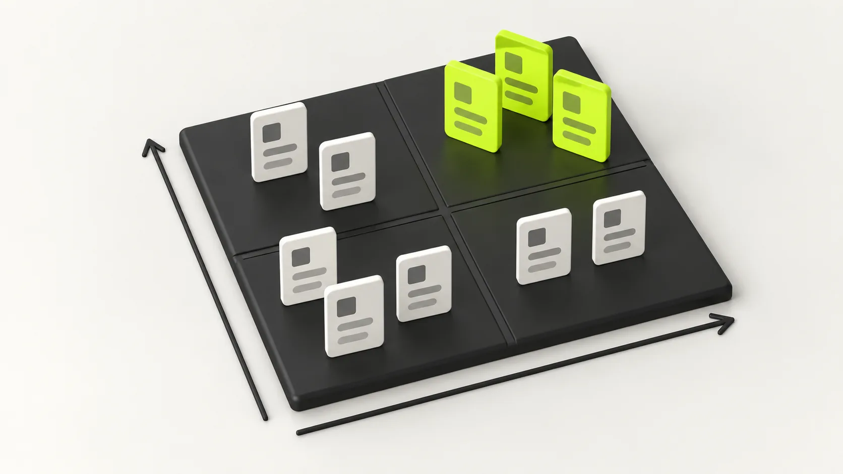 Four-quadrant diagram plotting business tasks by how often they happen against how rule based they are, with high frequency and highly rule based tasks marked in lime as the ones to automate first