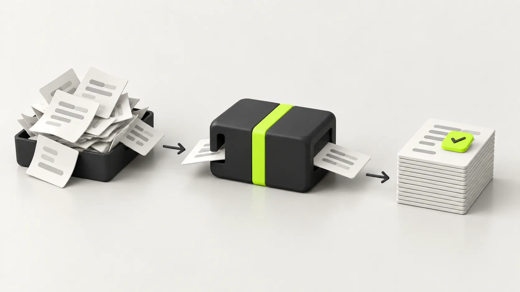 Isometric illustration of repetitive paperwork on one side flowing through a lime automation pipeline and coming out as finished, organised work on the other