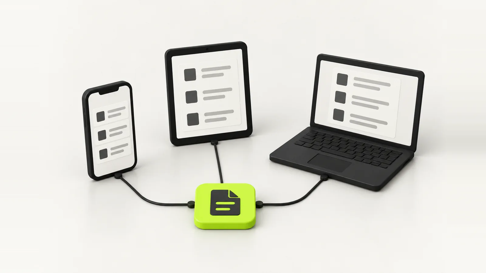 A phone, a tablet and a laptop all running the same app, connected to one installable web app