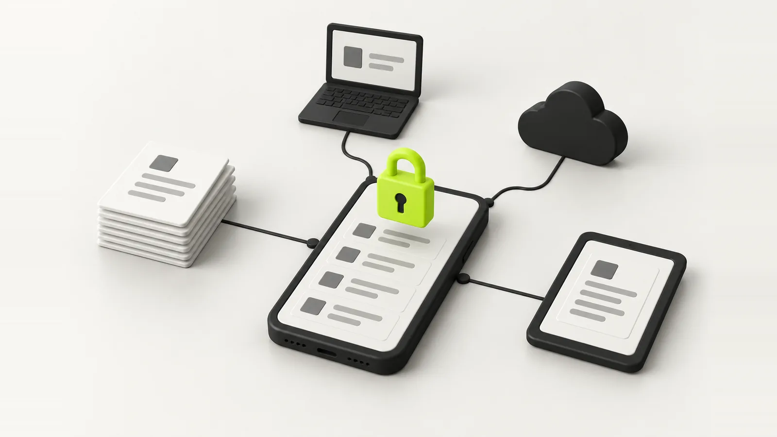 Isometric illustration of a phone holding a locked vault of documents, connected to a laptop, a tablet and the cloud