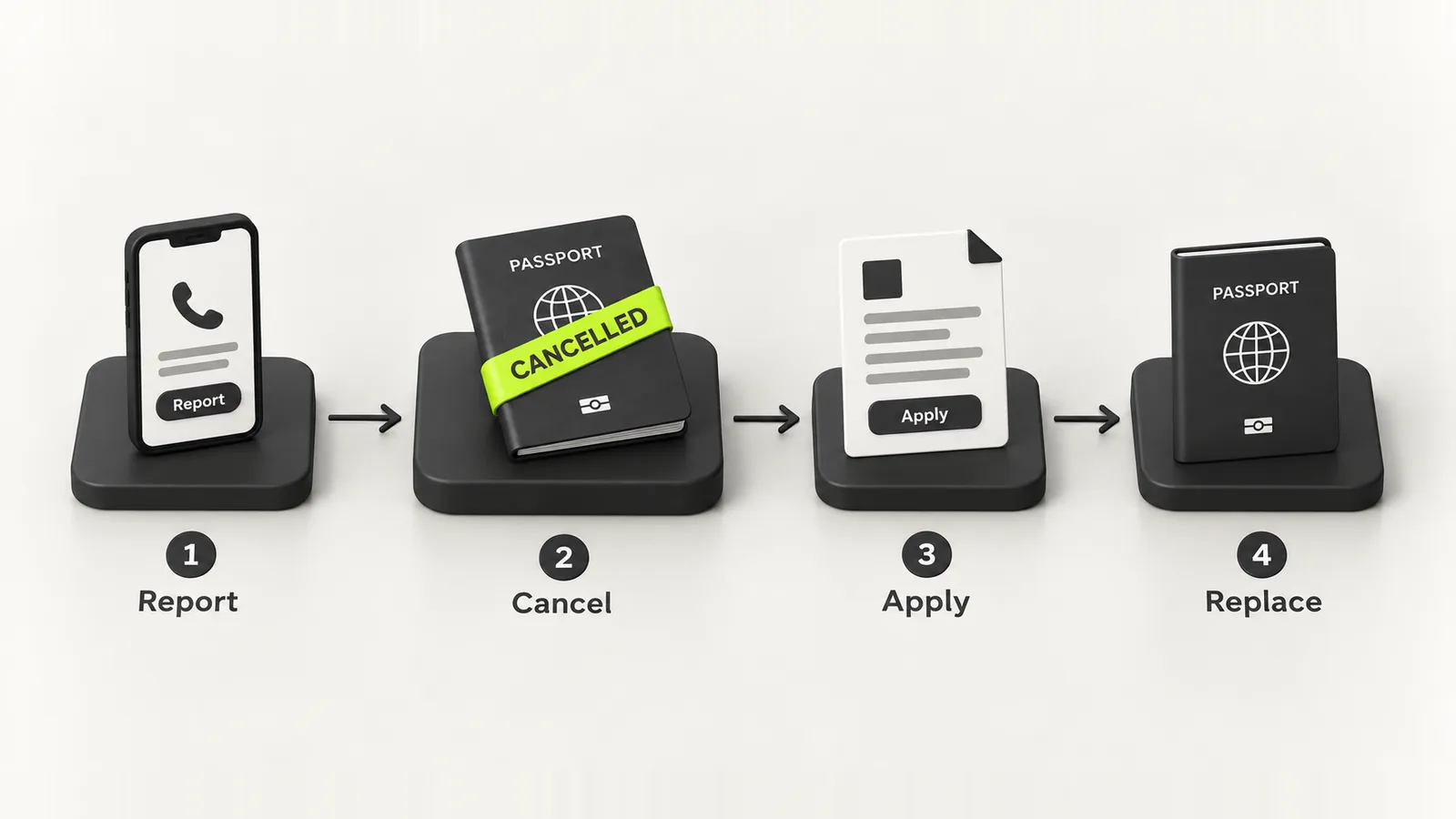 Four stepping stones from reporting a lost passport, through cancelling it and applying, to receiving a new passport