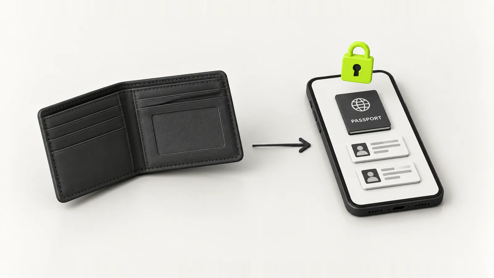 An empty wallet next to a phone that still holds a passport and ID cards safely locked in a vault