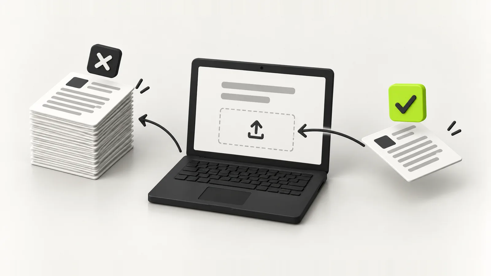 A laptop showing an upload form, rejecting a bulky document and accepting a slim one