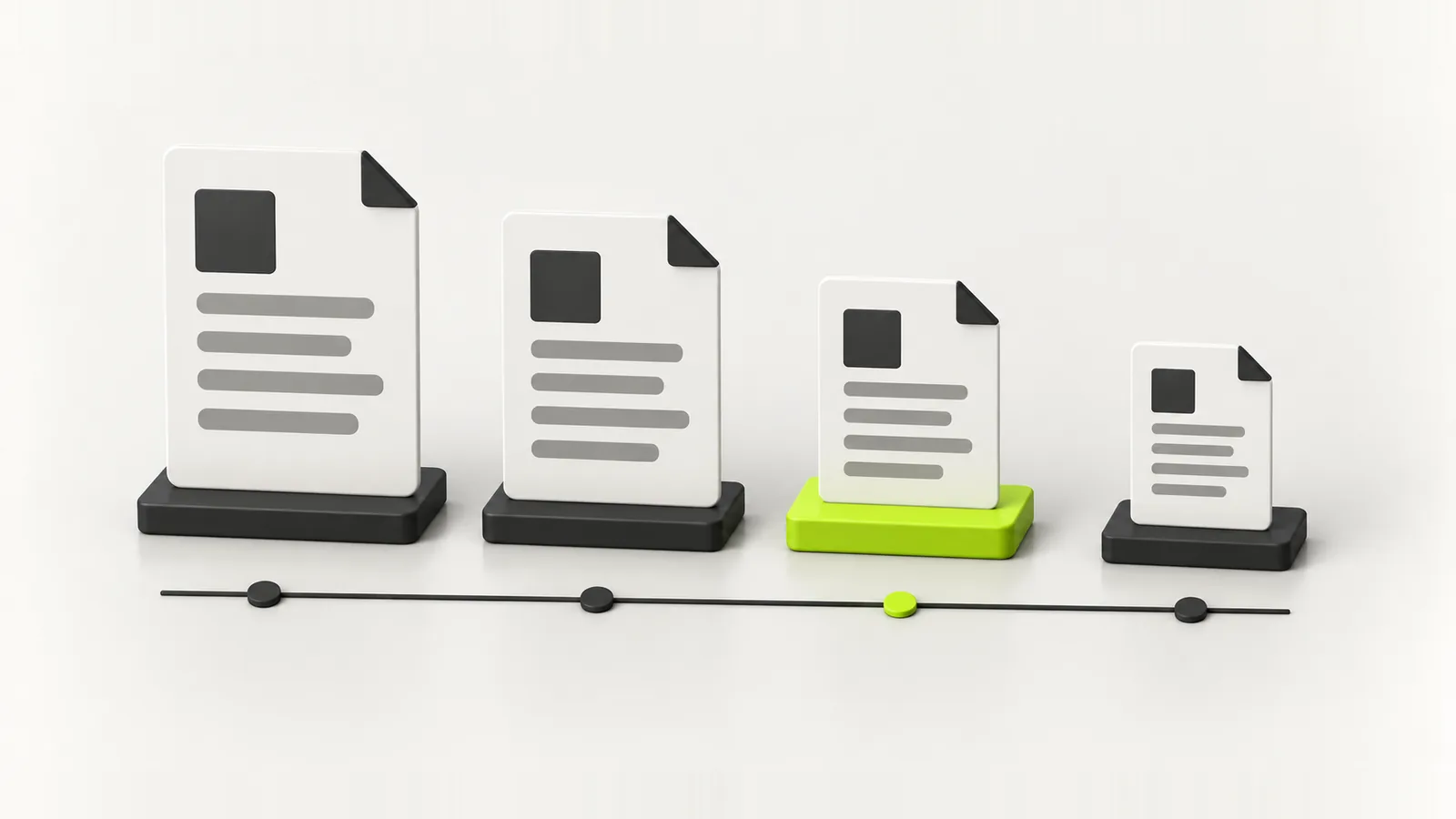 Four documents of decreasing size in a row, with the third standing on a lime plate as the right choice