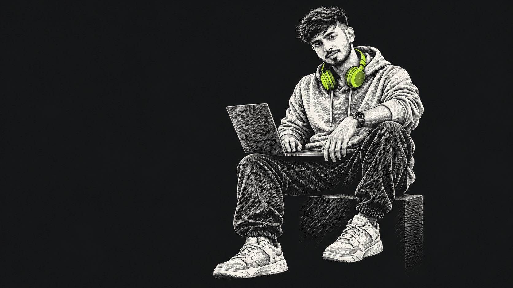 Kavan Gami, Founder and Full Stack Developer at Kavion Solutions, inked illustration seated with a laptop and lime headphones