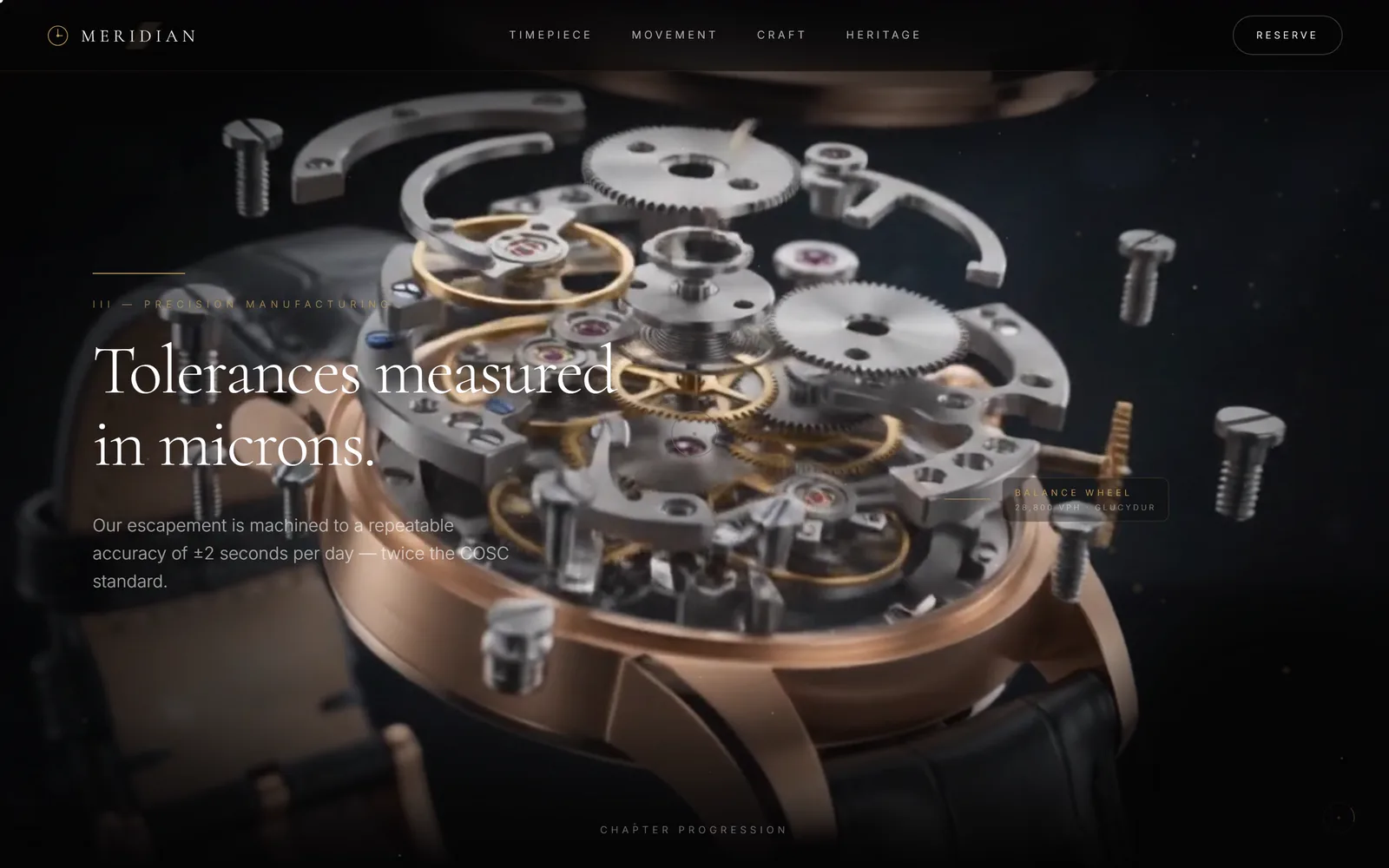 Meridian MRD-3: Tolerances measured in microns: the movement, exploded