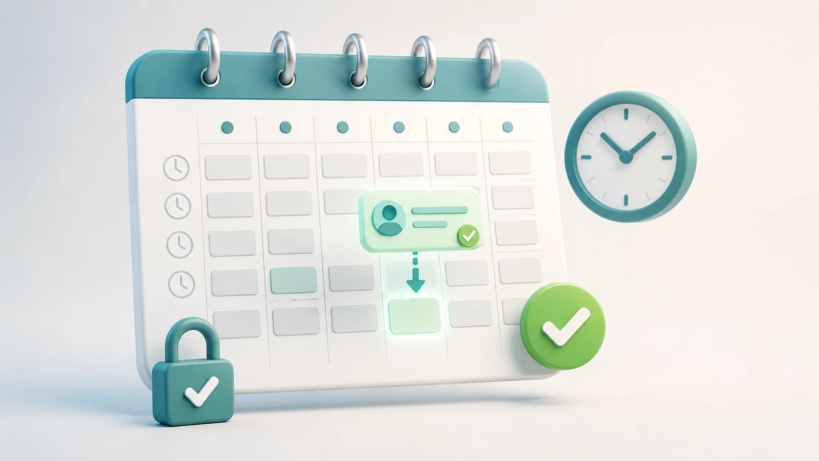 Reliable, conflict-free appointment booking AI voice agent slotting a confirmed, conflict-free appointment into a calendar, with a clock and a padlock showing reliable, secure scheduling
