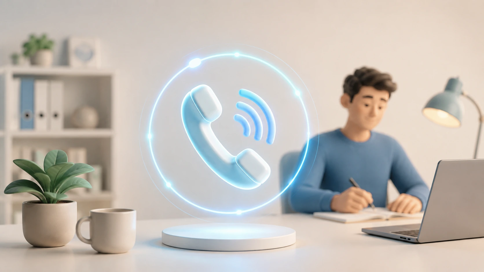An always-on AI phone line An AI phone line answering business calls 24/7 while a small-business owner keeps working calmly at their desk, so no booking is missed