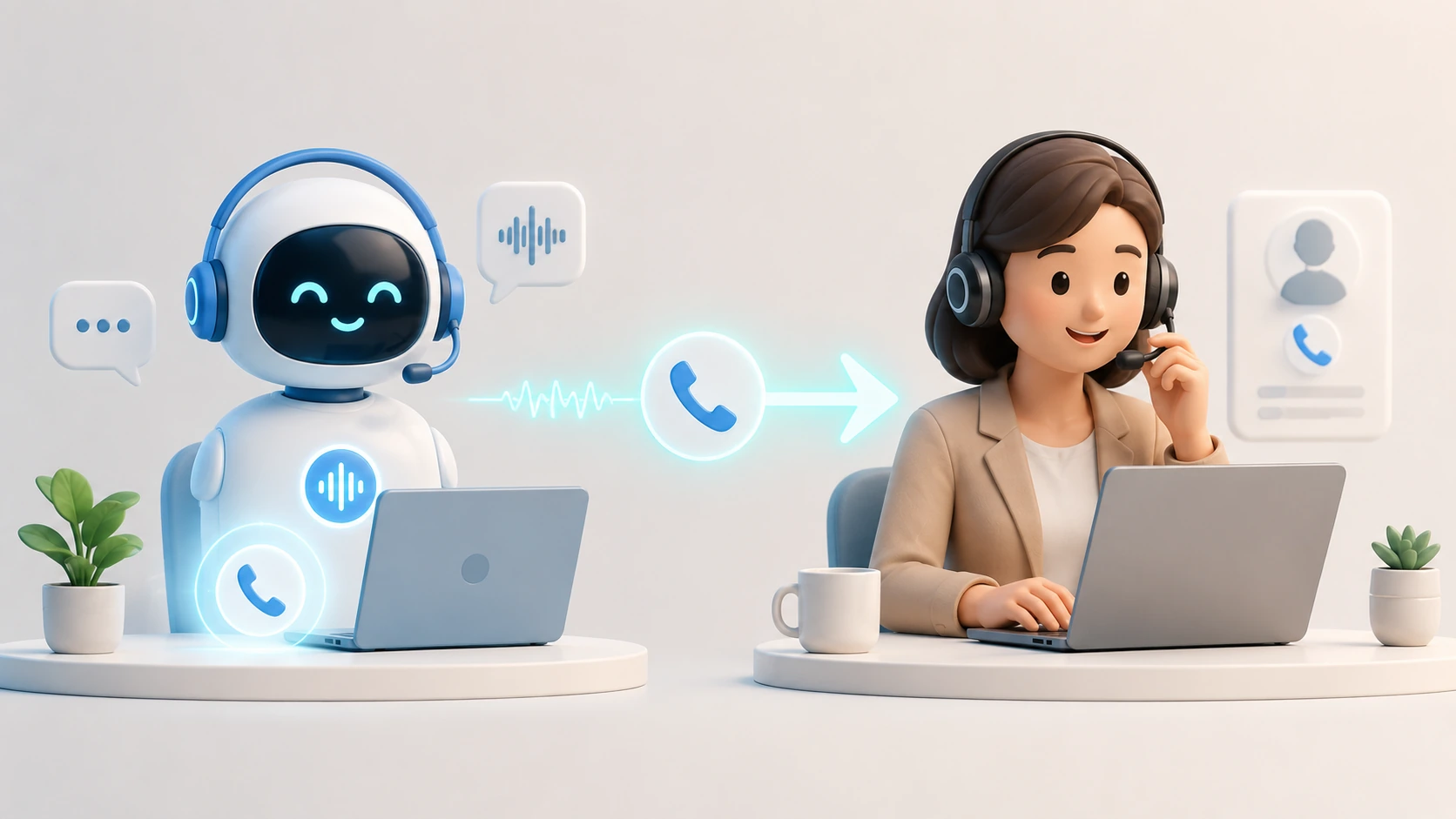 AI and a human receptionist working together AI voice assistant handing a phone call over to a smiling human receptionist, showing a hybrid front desk where AI handles routine calls and people handle the rest