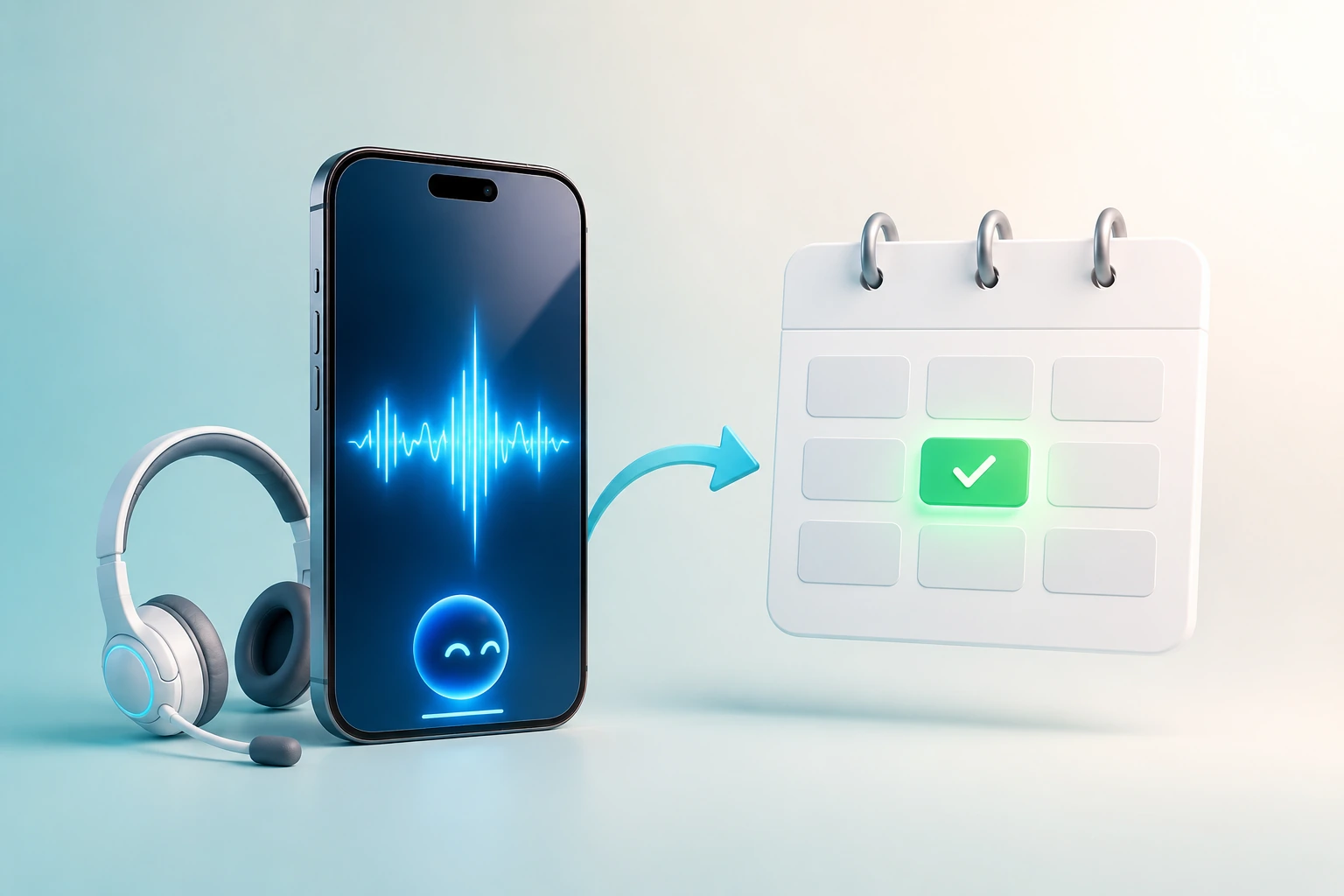 AI voice agent booking an appointment AI voice agent answering a call on a smartphone and booking a confirmed appointment on a calendar, with a headset beside the phone