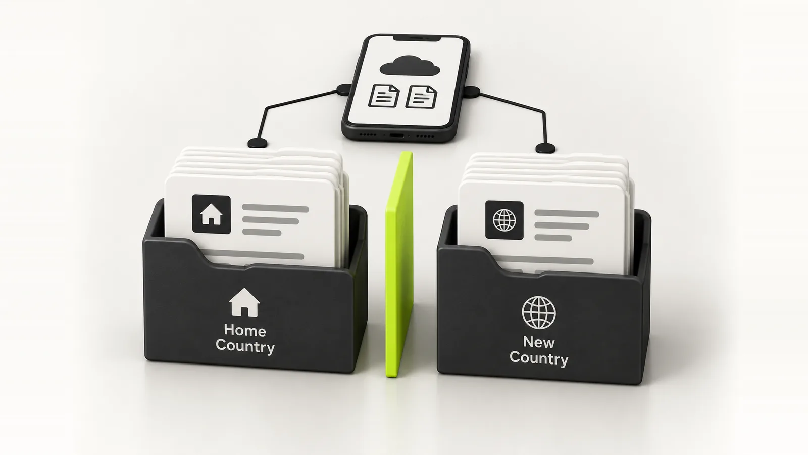Two countries, two folders Two document folders, one for each country, separated by a lime divider and both reachable from a phone