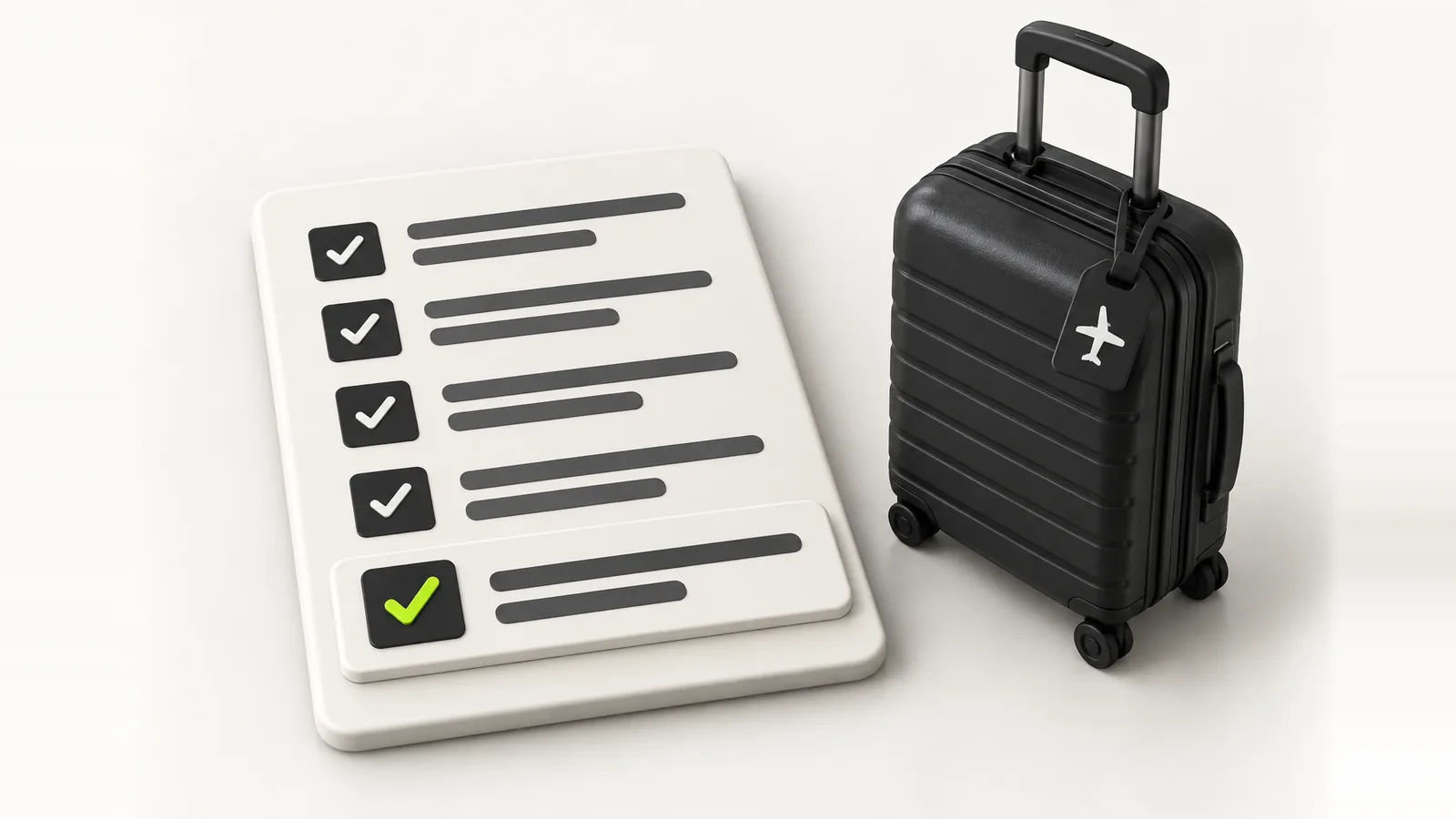 The moving abroad checklist A checklist board with every item ticked, the last tick in lime, next to a small suitcase
