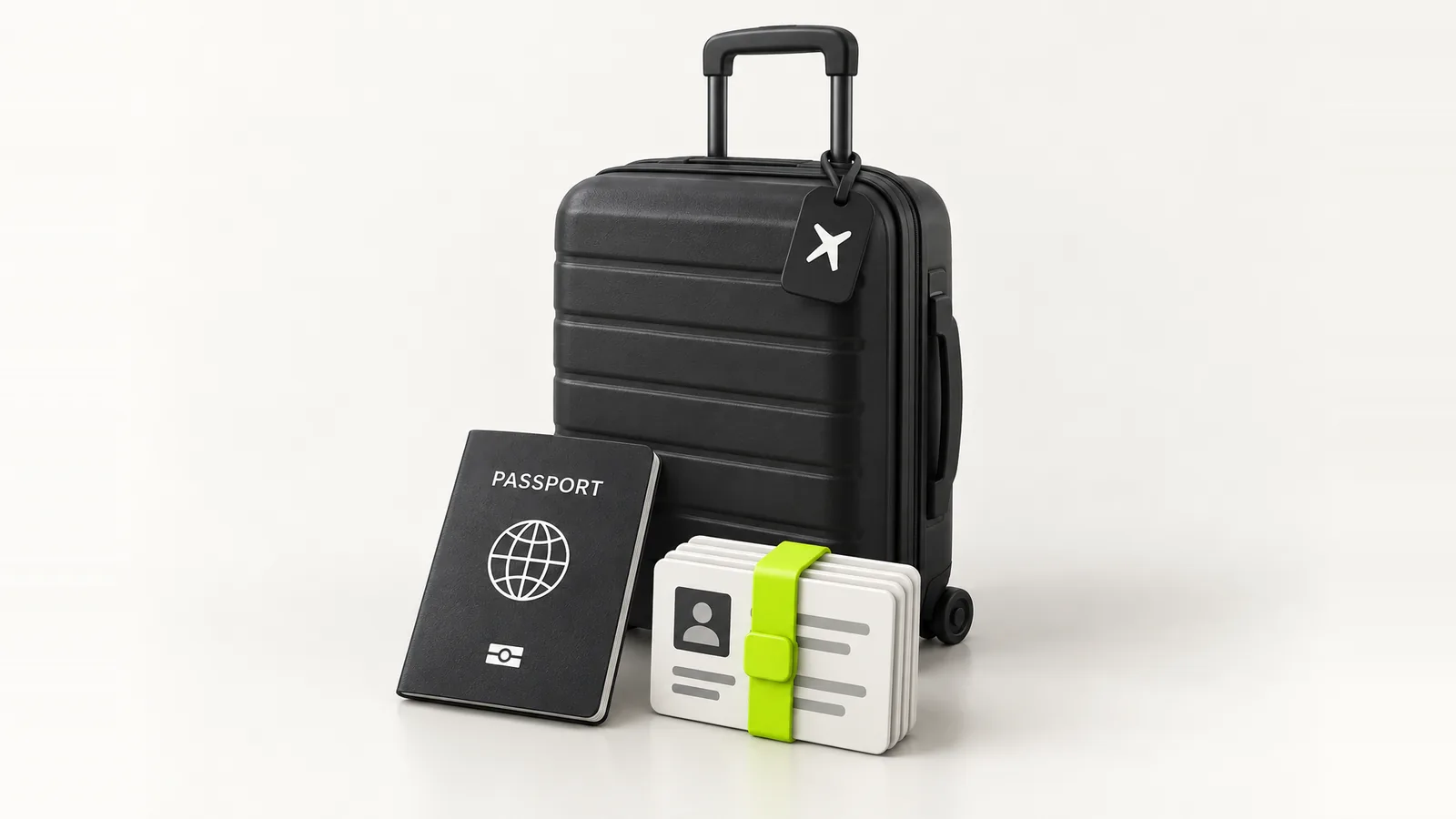 Moving abroad document checklist A suitcase with a passport and a neat pack of documents held together by a lime clip