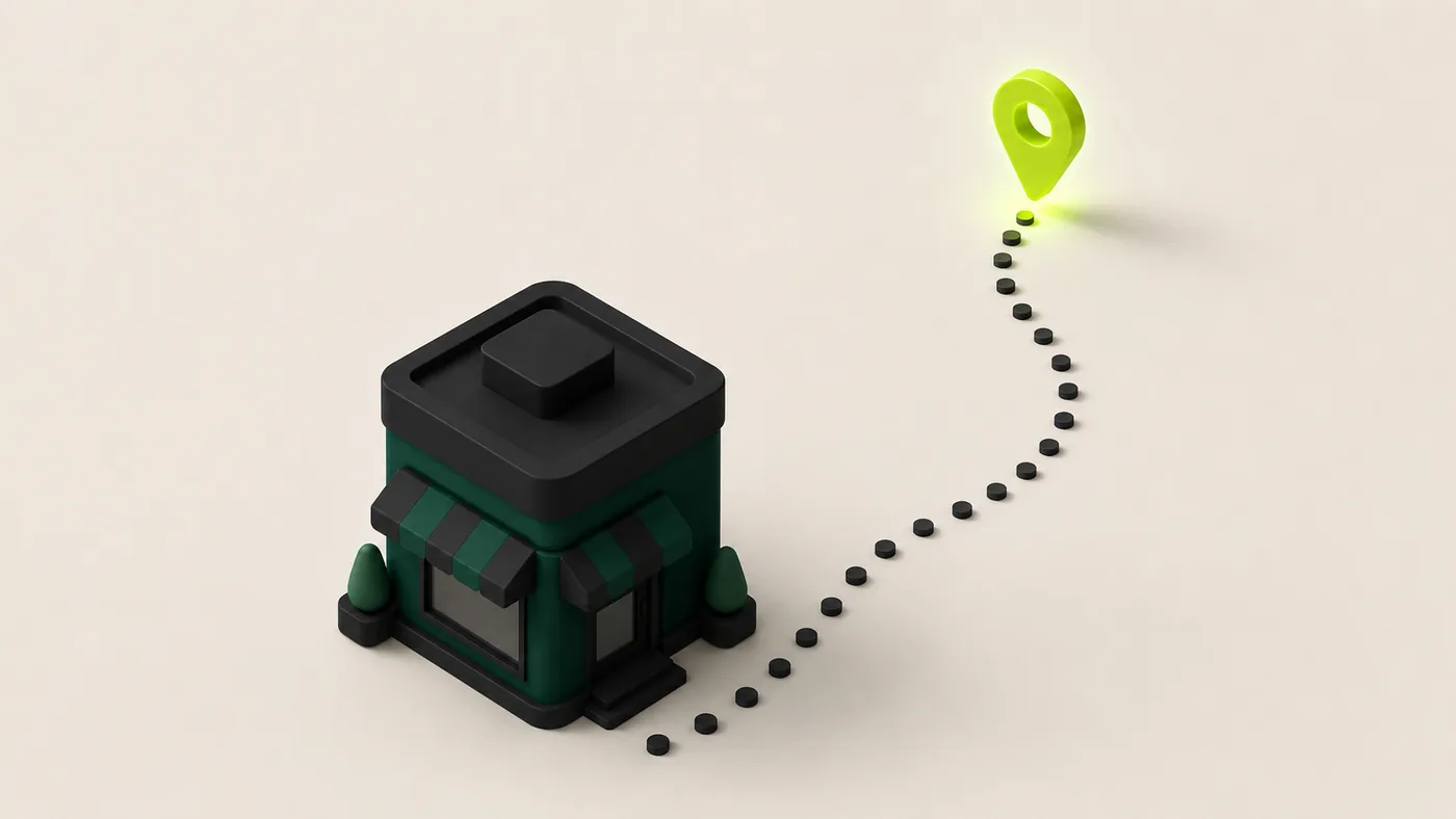 SEO for small businesses in 2026 Isometric illustration of a small business storefront connected by a dotted path to a lime map location pin, representing being found through SEO