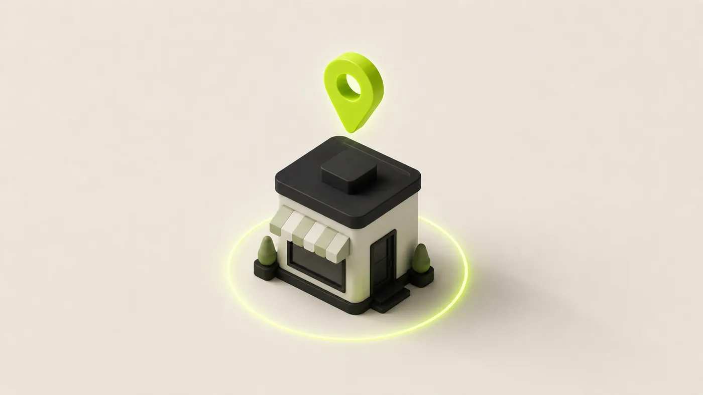 Local SEO for small businesses Small business storefront with a glowing lime map location pin above it and a ring of light on the ground, representing local SEO and Google Business Profile