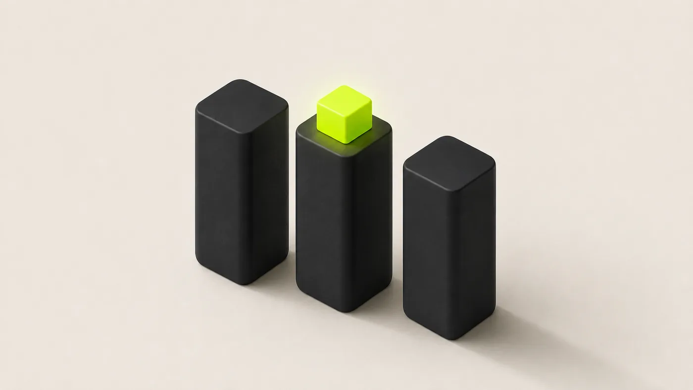 The three pillars of SEO Three matte pillars, the centre one topped with a lime cube, representing the three parts of SEO: technical health, helpful content and authority