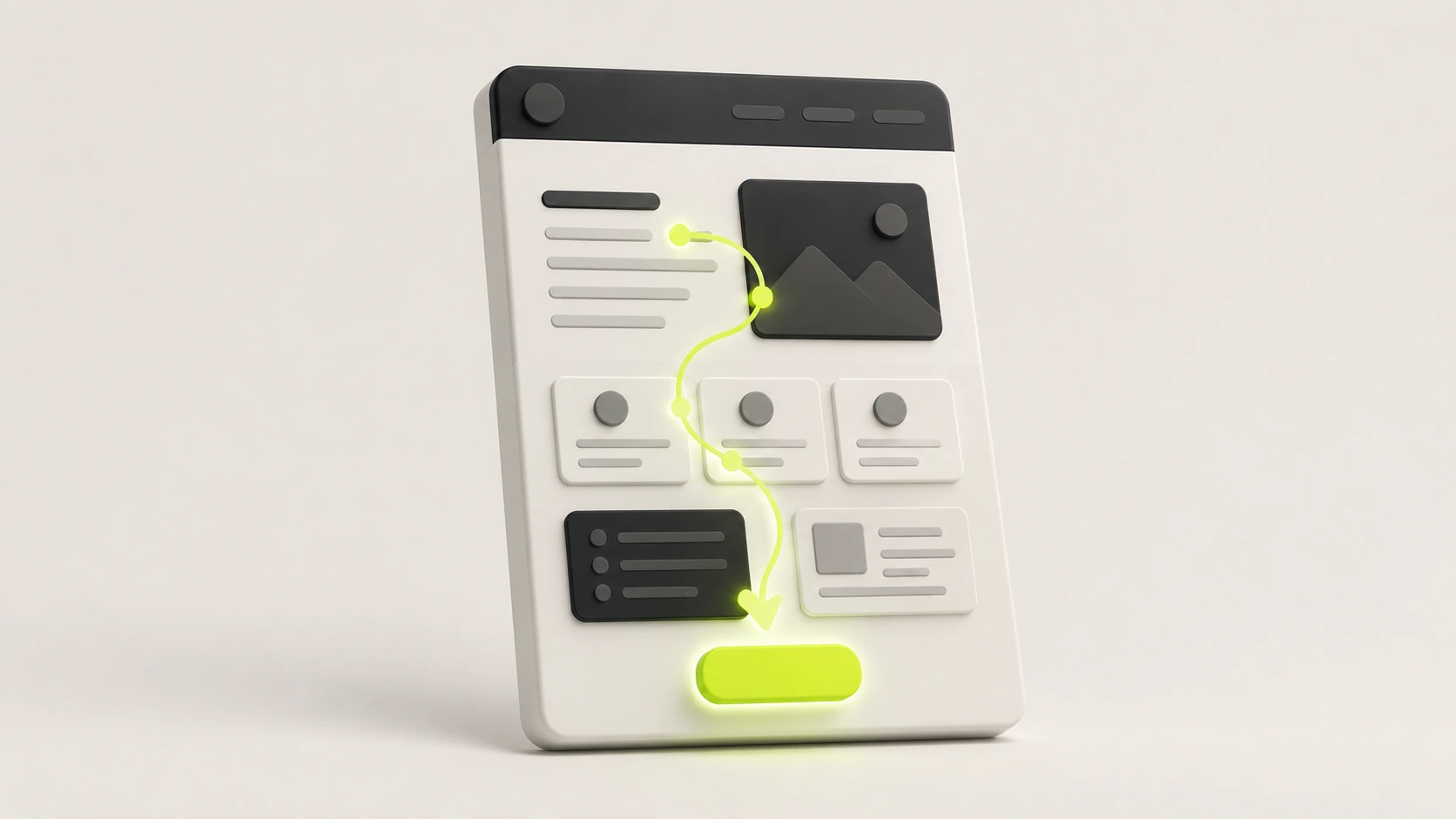 Website design that leads to the action A website layout with a lime path guiding the visitor's eye down through the content to a single call-to-action button, representing design that converts
