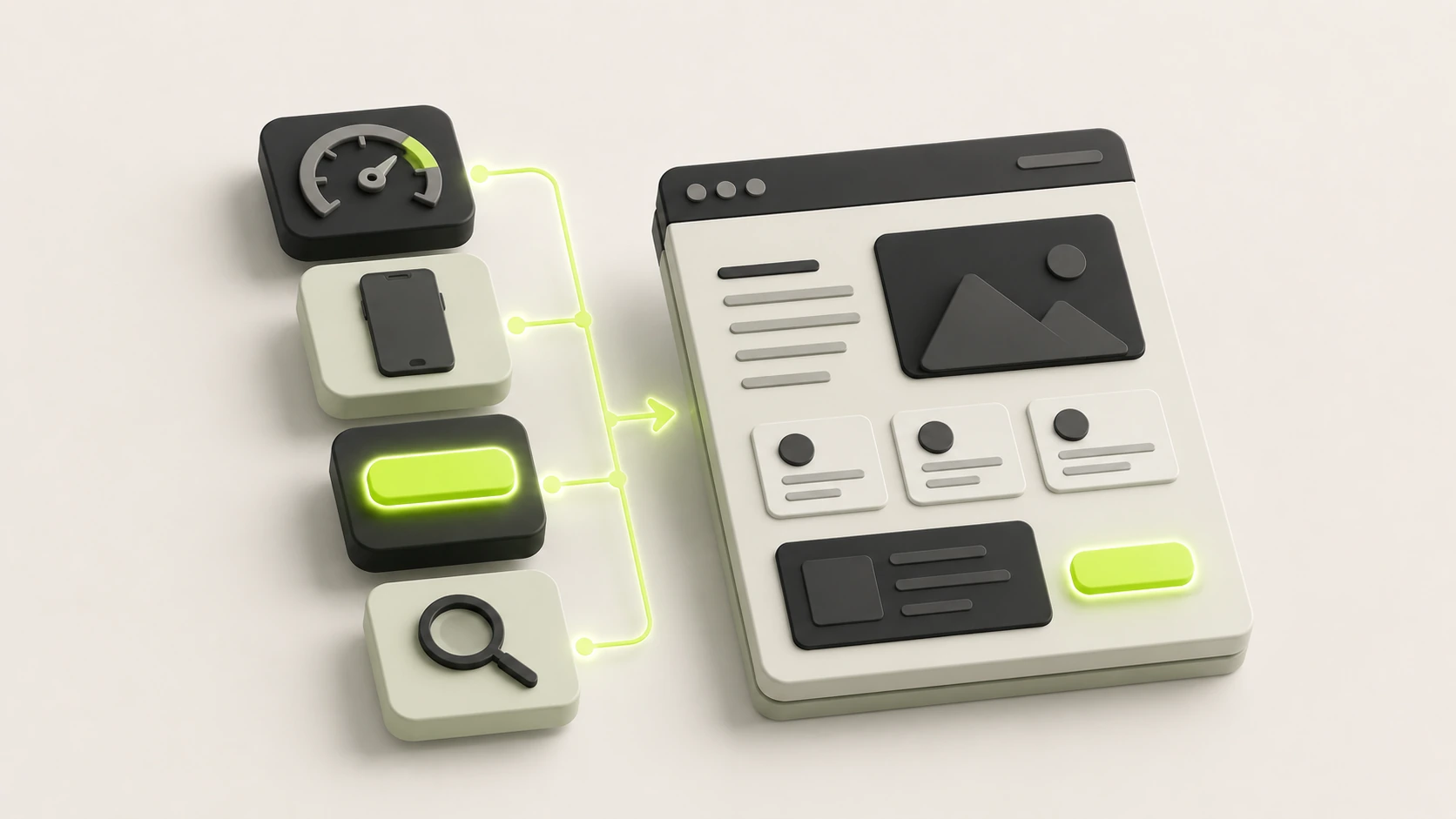What a modern website includes The building blocks of a modern website, speed, mobile, a clear call-to-action button and SEO, connecting into one structured, well-built site