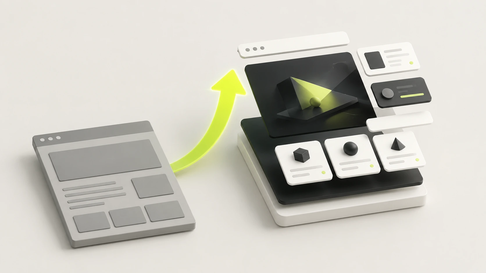 Website redesign: old site to fast, modern site An outdated grey website being redesigned into a sleek, modern layered site, shown by an upward lime arrow representing a website redesign
