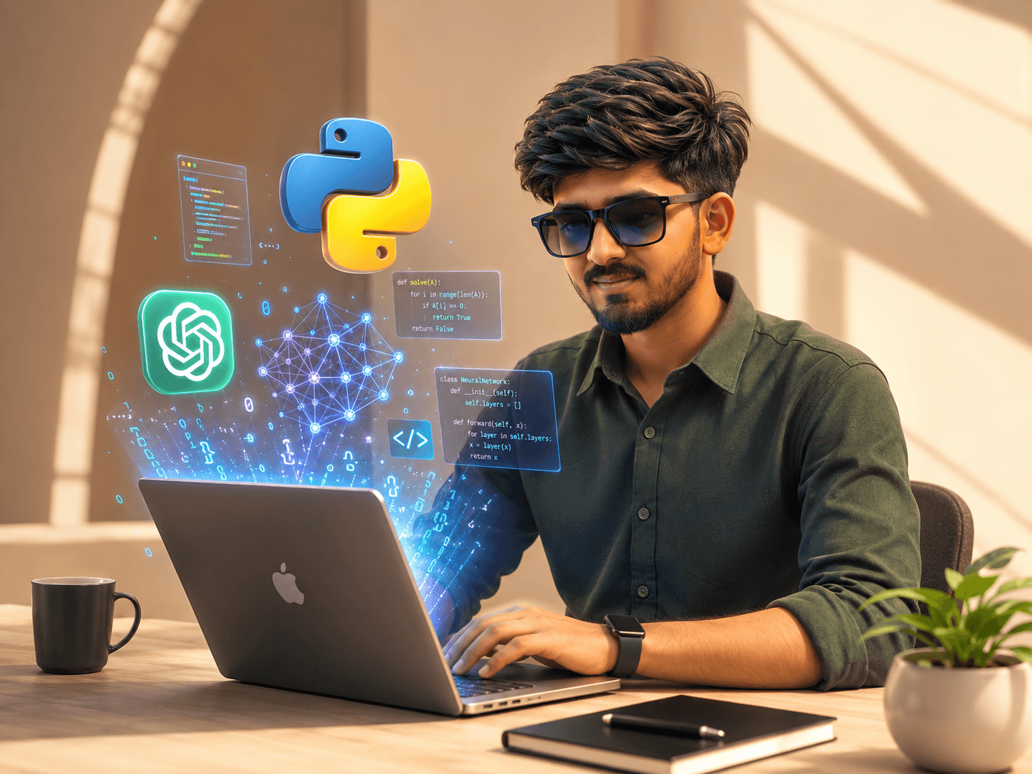 Daksh Bhesdadiya Daksh Bhesdadiya, AI Engineer at Kavion Solutions, working at a laptop with Python, OpenAI and neural network interfaces around him