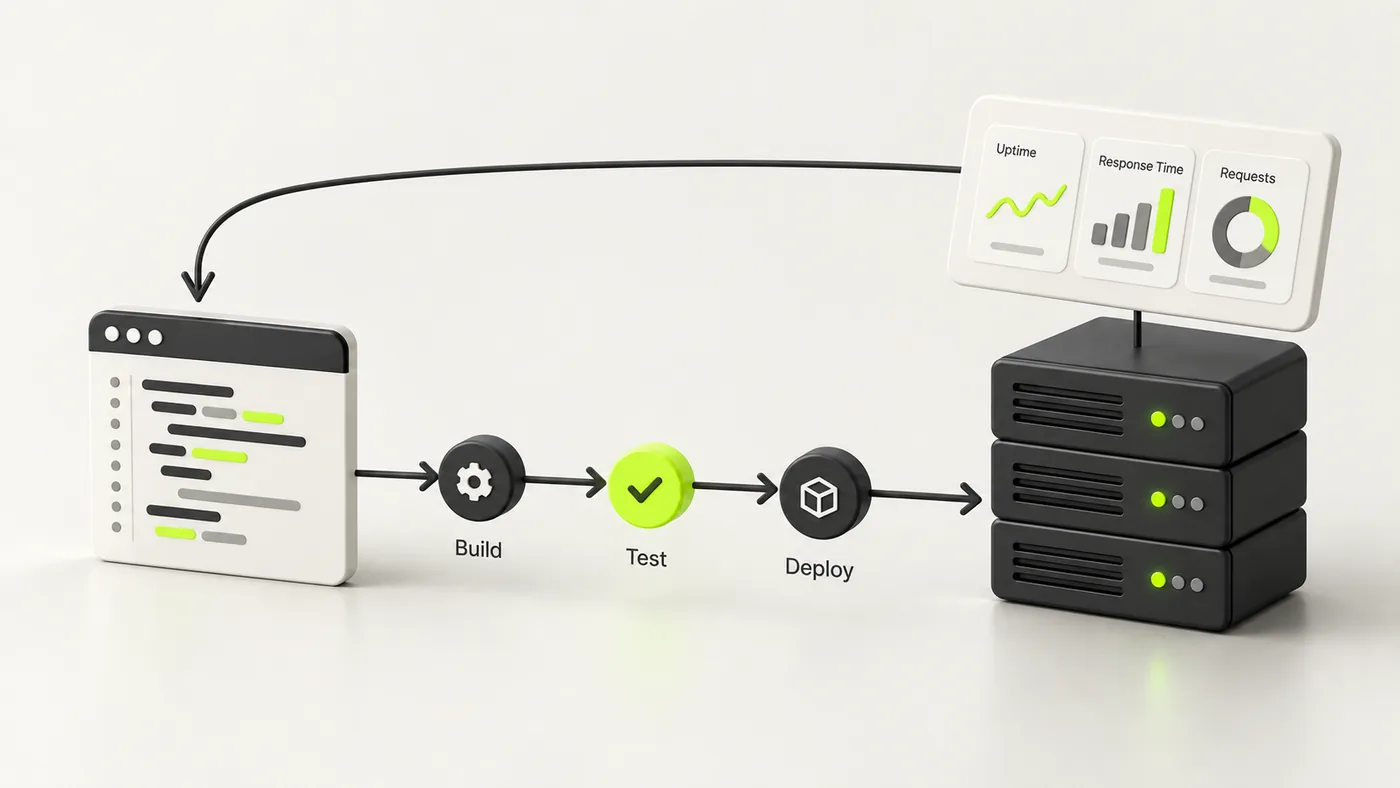 Diagram showing code moving through a deployment pipeline to a server rack, with monitoring feeding back