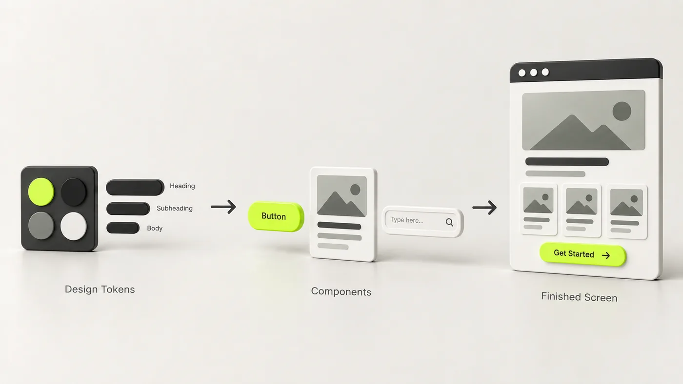 Diagram showing design tokens becoming components, and components becoming a finished screen