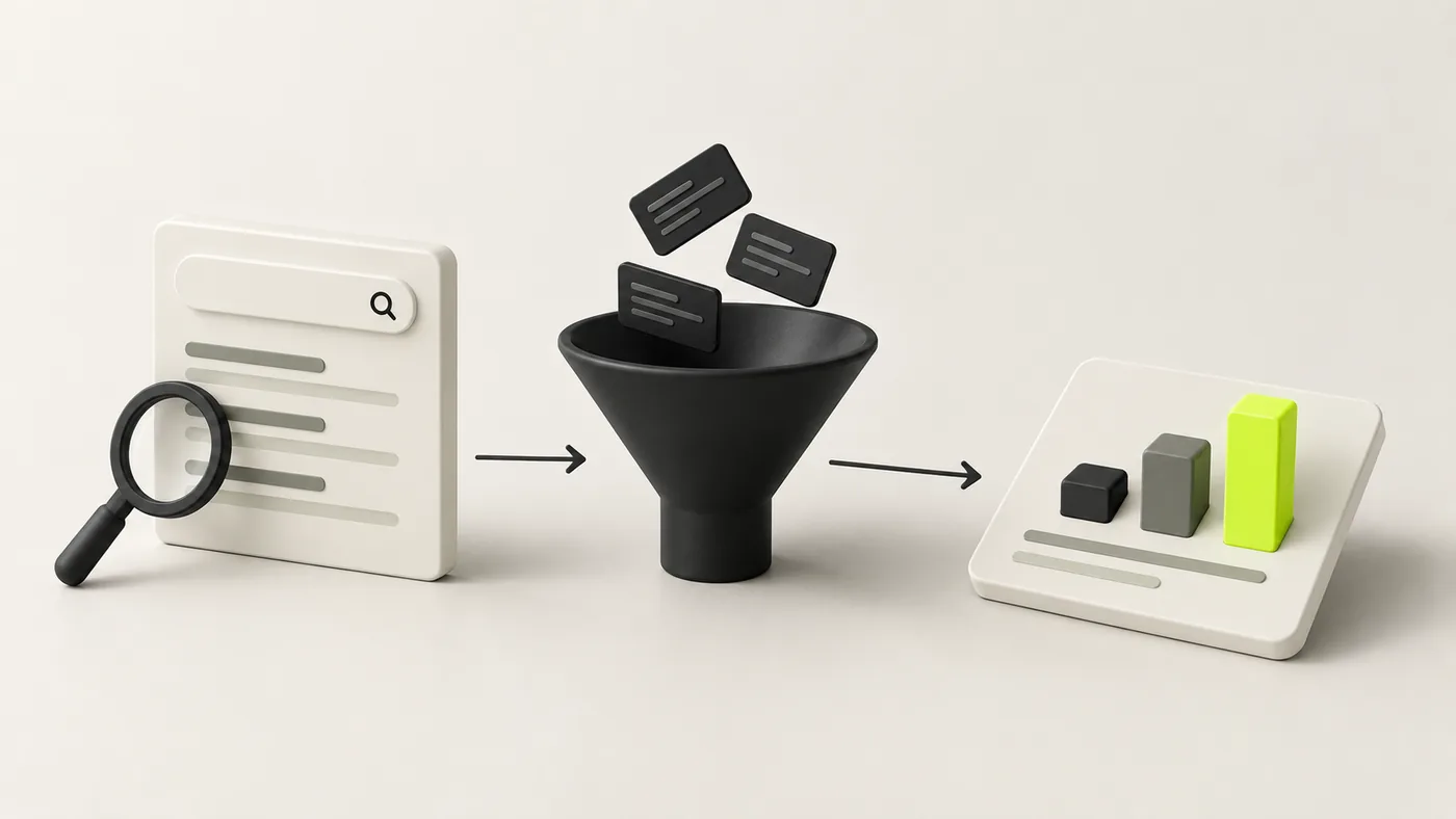 Diagram showing search queries entering a funnel and coming out as measured, qualified leads