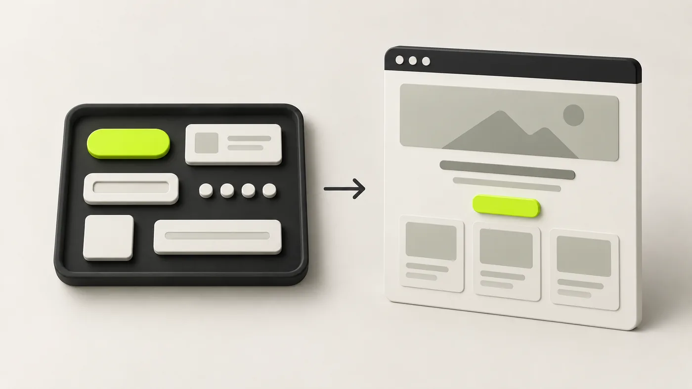 Diagram showing a component library on the left assembling into a finished web page on the right